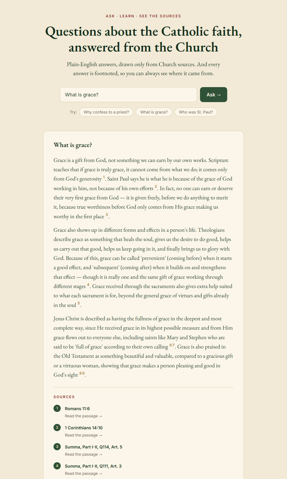 A real answer from Answers of Faith, footnoted to Scripture and the Summa Theologica