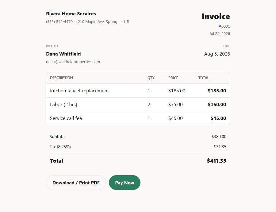 A sample invoice as your customer sees it, with line items and a Pay Now button
