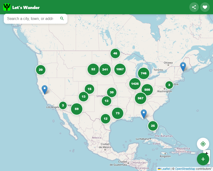 Let's Wander map showing clusters of unusual places across the USA