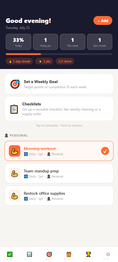Mark It Done Today screen showing daily disciplines and progress